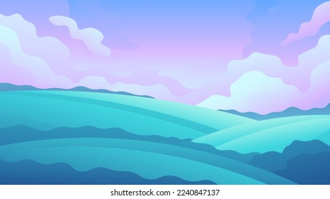Grüne Grünflächen auf rosafarbenem Himmelshintergrund. Horizontale Darstellung einer Naturlandschaft.