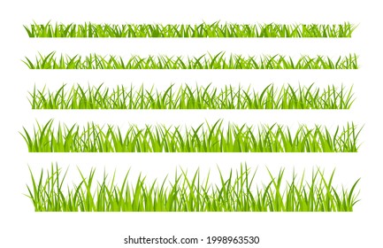 Green grassland lawn field border flat style design vector illustration set isolated on white background. Cartoon summer green grass nature landscape field.