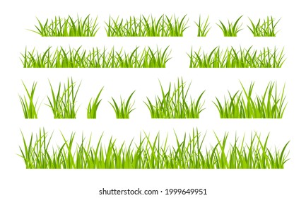 Green grassland lawn field border flat style design vector illustration set isolated on white background. Cartoon summer green grass nature landscape field.