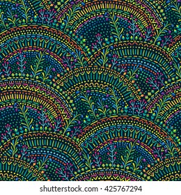 Green grassy hills at decorative style. Seamless pattern for your design