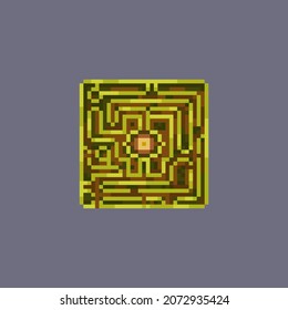 Green grassy maze top view in old pixel style for video game, poster, patch. An isolated 8-bit architectural object. A cute puzzle with bushes instead of walls. Children's game "Who will win first".