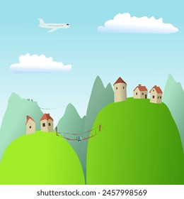 Green grassy mountains on the background of a mountain landscape and small houses in the distance. Vector illustration, mountain everyday life, silence, clean air and cartoon landscape design. Some