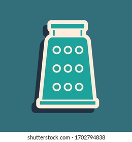 Green Grater icon isolated on green background. Kitchen symbol. Cooking utensil. Cutlery sign. Long shadow style. Vector Illustration