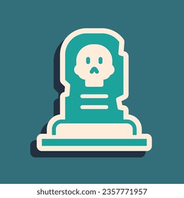 Green Grave with tombstone icon isolated on green background. Long shadow style. Vector