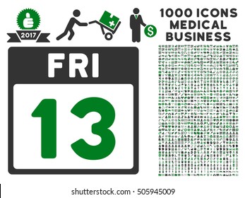 Green And Gray 13 Friday Calendar Page vector icon with 1000 medical business pictograms. Set style is flat bicolor symbols, green and gray colors, white background.