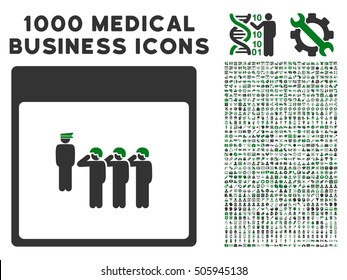 Green And Gray Army Squad Calendar Page vector icon with 1000 medical business pictograms. Set style is flat bicolor symbols, green and gray colors, white background.