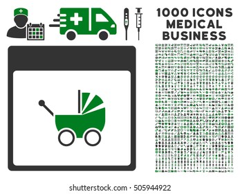 Green And Gray Baby Carriage Calendar Page vector icon with 1000 medical business pictograms. Set style is flat bicolor symbols, green and gray colors, white background.