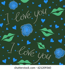 Green, gray and blue pattern. Vector rose flower, hearts, love letter and love text. Valentines day background.