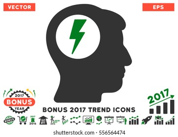 Green And Gray Brain Electric Shock pictogram with bonus 2017 trend symbols. Vector illustration style is flat iconic bicolor symbols, white background.
