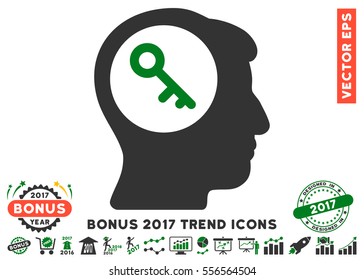 Green And Gray Brain Key pictogram with bonus 2017 trend pictograph collection. Vector illustration style is flat iconic bicolor symbols, white background.