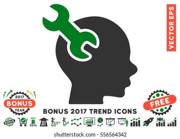 Green And Gray Brain Service Wrench pictogram with bonus 2017 year trend design elements. Vector illustration style is flat iconic bicolor symbols, white background.