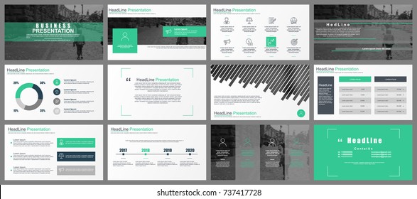 Green and gray business presentation slides templates from infographic elements. Can be used for presentation, leaflet, brochure, corporate report, marketing, advertising, annual report, banner.