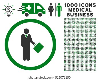 Green And Gray Businessman vector bicolor rounded icon. Image style is a flat icon symbol inside a circle, white background. Bonus clip art has 1000 health care business pictographs.