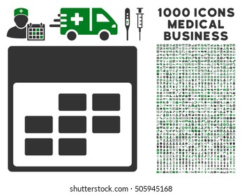 Green And Gray Calendar Month Grid vector icon with 1000 medical business pictograms. Set style is flat bicolor symbols, green and gray colors, white background.
