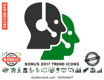 Green And Gray Call Center Operators pictograph with bonus 2017 year trend pictograms. Vector illustration style is flat iconic bicolor symbols, white background.