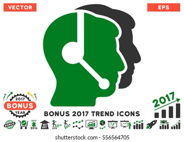 Green And Gray Call Center Operators pictograph with bonus 2017 trend images. Vector illustration style is flat iconic bicolor symbols, white background.
