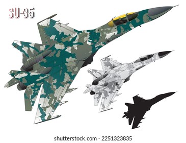 Green and gray camouflageed Sukhoi SU-35 jet fighter plane illustration (wire frame and black silhouette set)