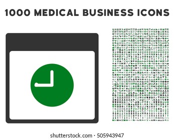 Green And Gray Clock Calendar Page vector icon with 1000 medical business pictograms. Set style is flat bicolor symbols, green and gray colors, white background.