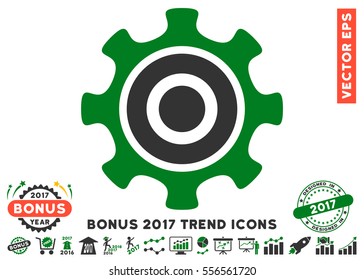 Green And Gray Cogwheel pictograph with bonus 2017 year trend pictograms. Vector illustration style is flat iconic bicolor symbols, white background.