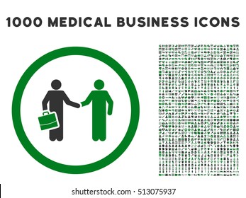 Green And Gray Contract Meeting vector bicolor rounded icon. Image style is a flat icon symbol inside a circle, white background. Bonus set includes 1000 healthcare business pictograms.