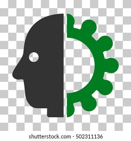 Green And Gray Cyborg Head interface toolbar icon. Vector pictograph style is a flat bicolor symbol on chess transparent background.