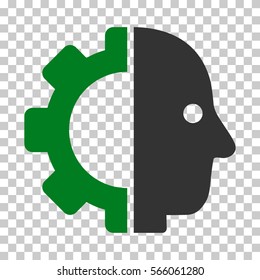 Green And Gray Cyborg Head interface toolbar icon. Vector pictograph style is a flat bicolor symbol on chess transparent background.