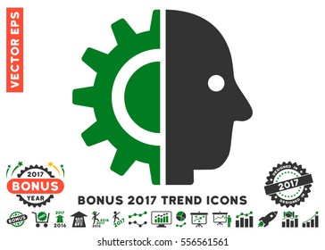 Green And Gray Cyborg Head pictograph with bonus 2017 year trend icon set. Vector illustration style is flat iconic bicolor symbols, white background.