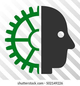 Green And Gray Cyborg Head toolbar icon. Vector pictograph style is a flat bicolor symbol on diagonal hatch transparent background.