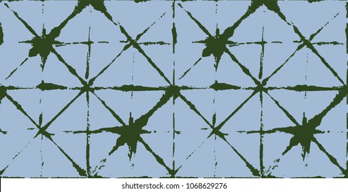 Green, Gray Dark Geo Pattern Kimono Ornament. Asian Traditional Geometrical Wabi Sabi Ikat Texture. Organic Tie Dye Batik Bohemian Textile Background. Creative Kimono Geo Pattern Fabric Boho Design.