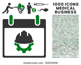 Green And Gray Development Calendar Day vector icon with 1000 medical business pictograms. Set style is flat bicolor symbols, green and gray colors, white background.