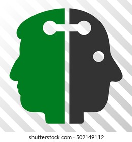 Green And Gray Dual Head Connection interface toolbar pictogram. Vector pictograph style is a flat bicolor symbol on diagonal hatch transparent background.
