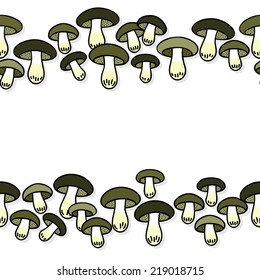 Green gray edible mushrooms autumn seasonal seamless double horizontal border on white background
