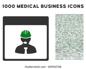 Green And Gray Engineer Calendar Day vector icon with 1000 medical business pictograms. Set style is flat bicolor symbols, green and gray colors, white background.