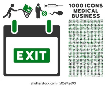 Green And Gray Exit Caption Calendar Day vector icon with 1000 medical business pictograms. Set style is flat bicolor symbols, green and gray colors, white background.
