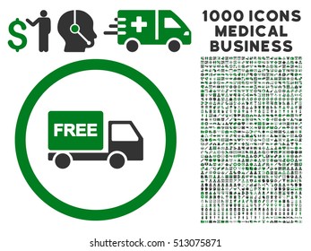 Green And Gray Free Delivery vector bicolor rounded icon. Image style is a flat icon symbol inside a circle, white background. Bonus clip art has 1000 healthcare business pictograms.