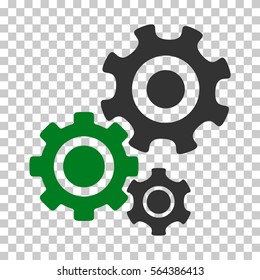 Green And Gray Gear Mechanism interface pictogram. Vector pictogram style is a flat bicolor symbol on chess transparent background.