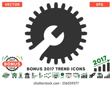 Green And Gray Gear Tools icon with bonus 2017 trend icon set. Vector illustration style is flat iconic bicolor symbols, white background.