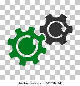 Green And Gray Gears Rotation toolbar pictogram. Vector pictograph style is a flat bicolor symbol on chess transparent background.