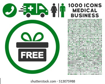 Green And Gray Gift vector bicolor rounded icon. Image style is a flat icon symbol inside a circle, white background. Bonus clip art contains 1000 medicine business symbols.