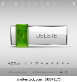 Green and gray glossy button with set of icons. Vector business design elements.