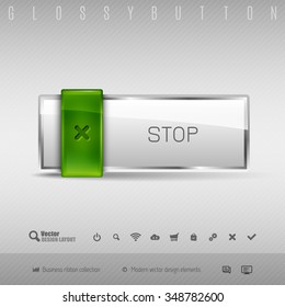 Green and gray glossy button with set of icons. Vector business design elements.