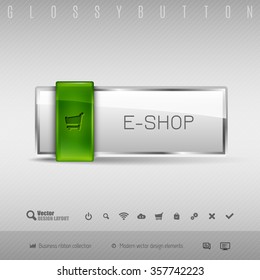 Green and gray glossy button with set of icons. Vector business design elements.