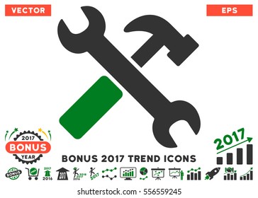 Green And Gray Hammer And Wrench icon with bonus 2017 year trend clip art. Vector illustration style is flat iconic bicolor symbols, white background.