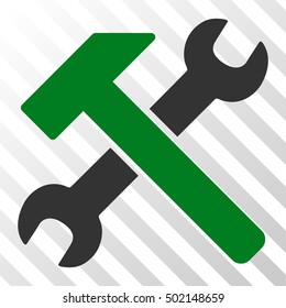 Green And Gray Hammer and Wrench interface toolbar pictogram. Vector pictogram style is a flat bicolor symbol on diagonal hatch transparent background.