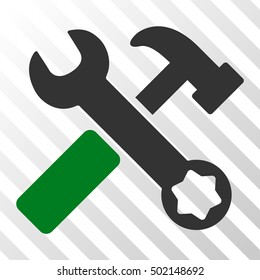 Green And Gray Hammer and Wrench interface toolbar icon. Vector pictogram style is a flat bicolor symbol on diagonal hatch transparent background.