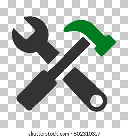 Green And Gray Hammer and Wrench interface toolbar pictogram. Vector pictograph style is a flat bicolor symbol on chess transparent background.