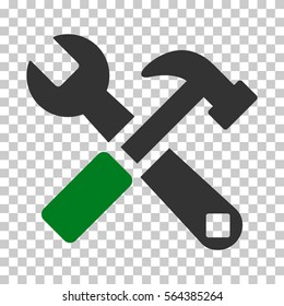 Green And Gray Hammer and Wrench interface pictogram. Vector pictogram style is a flat bicolor symbol on chess transparent background.