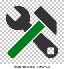 Green And Gray Hammer and Wrench interface pictogram. Vector pictograph style is a flat bicolor symbol on chess transparent background.
