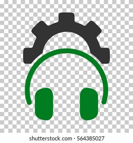 Green And Gray Headphones Configuration Gear toolbar icon. Vector pictograph style is a flat bicolor symbol on chess transparent background.