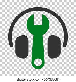 Green And Gray Headphones Tuning Wrench interface toolbar pictogram. Vector pictograph style is a flat bicolor symbol on chess transparent background.